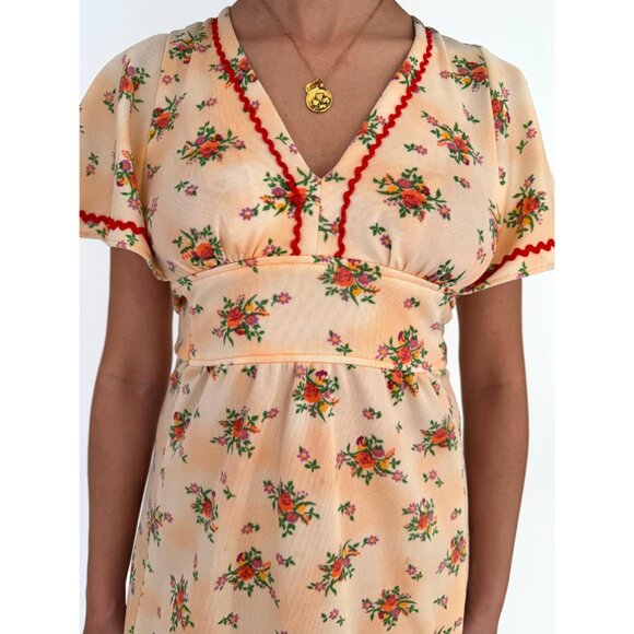 70s vintage handmade pink orange floral print cute coquette midi summer dress - Picture 5 of 9